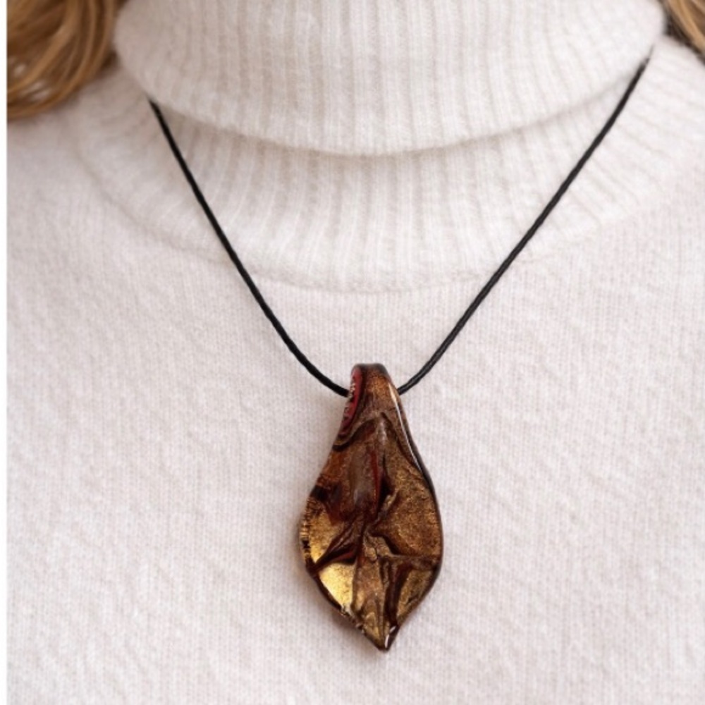 Artisan Gold and Brown Leaf glass medallion Pendant cord Necklace